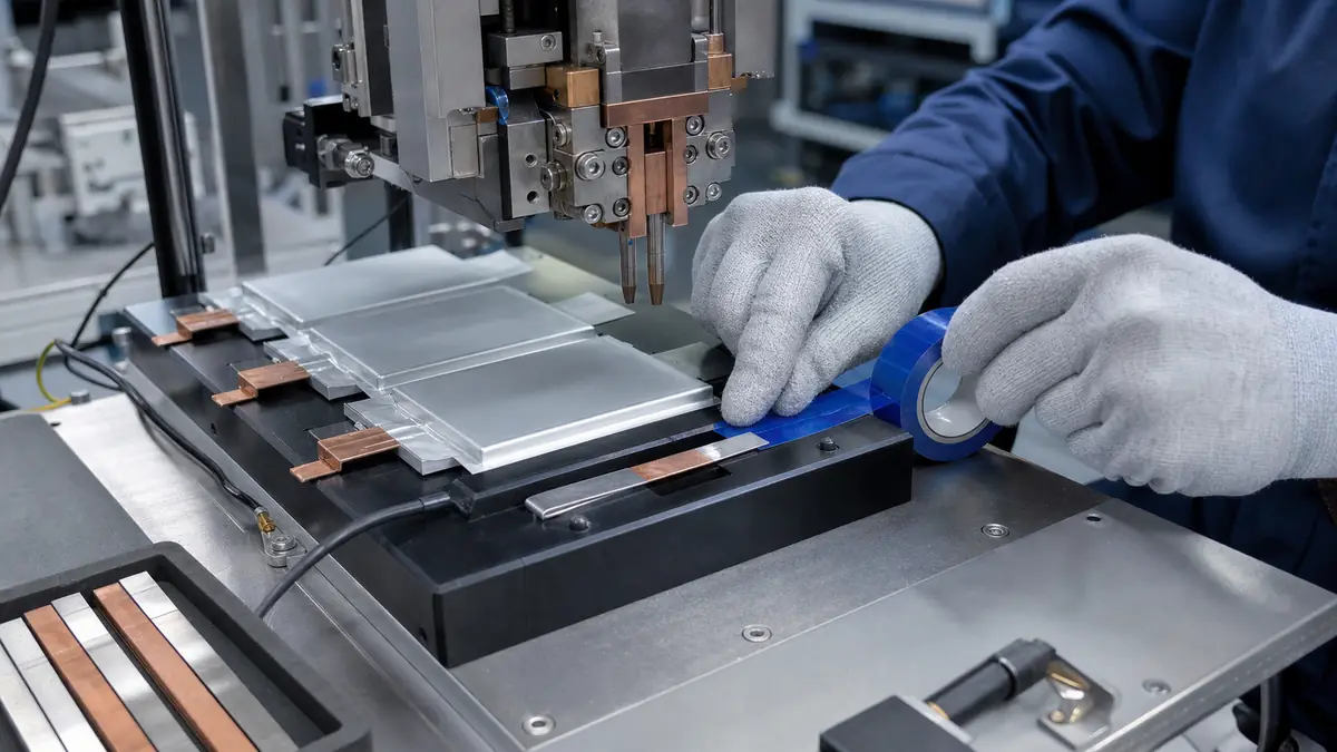 Technician applying blue PET silicone tape beside exposed battery cell tabs at a tab-welding fixture